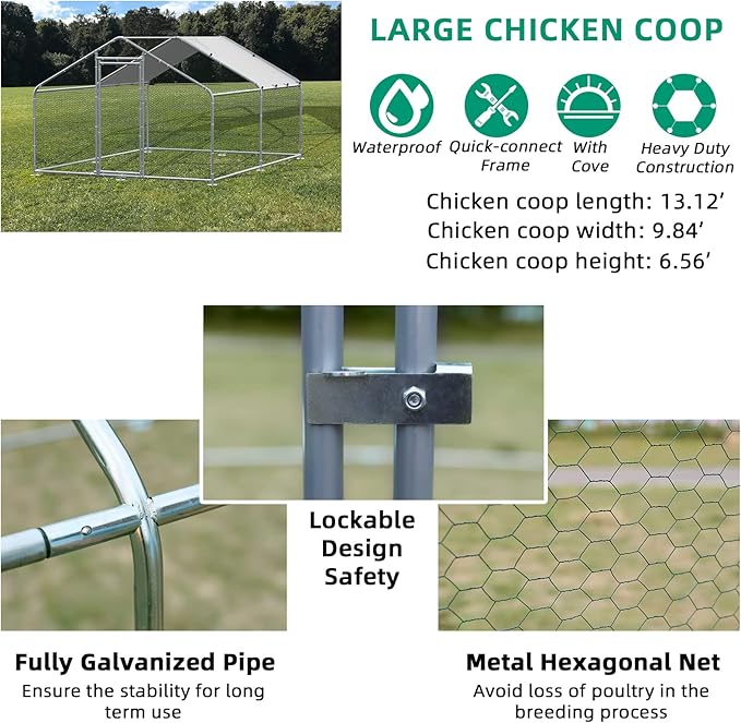 VIVIJASON Large Metal Chicken Coop Outdoor Walk-in Poultry Cage Hen Run House Rabbits Habitat Cages Spire Shaped Coop with Waterproof and Anti-UV Cover for Yard Farm (13.12' L x 9.84' W x 6.56' H)