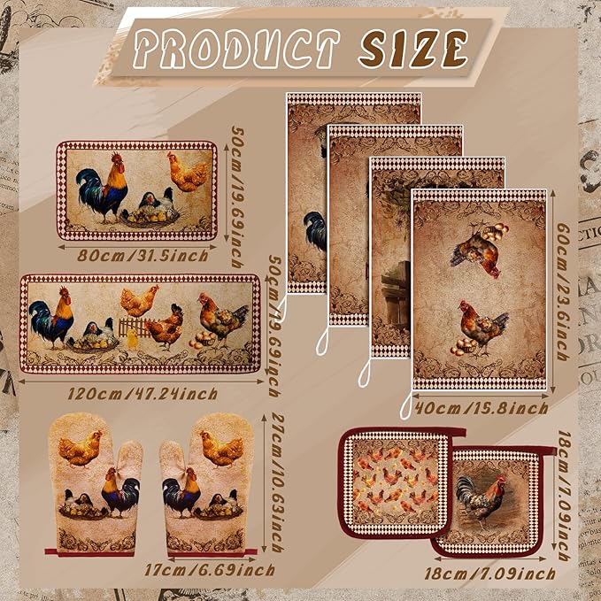 10 Pcs Rooster Chicken Kitchen Dish Towels Rugs Oven Mitts and Pot Holders Sets Farmhouse Rustic Rooster Kitchen Decor Set for Cooking Baking Grilling Women Mom Gift(Brown)