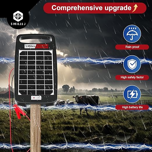 5 Miles Solar Electric Fence Charger,Output 0.11J Electric Fence Charger,24-Hour Uninterrupted Protection S.olar F.ence Chargers,Solar Fence Energizerr That can Work for 14 Days Without Sunlight