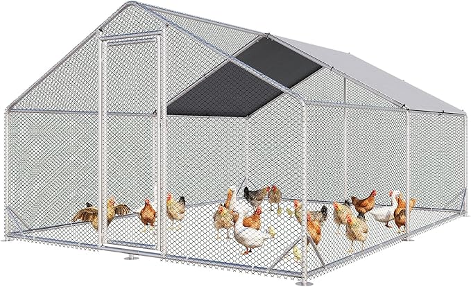 Aoxun Metal Chicken Coop, Outdoor Chicken Runs for Yard with Cover, Spire Roof Hen House Enclosure with Security Lock, Walk-in Cage Peak Hen House for Yard Farm (10x13x6.4 FT)
