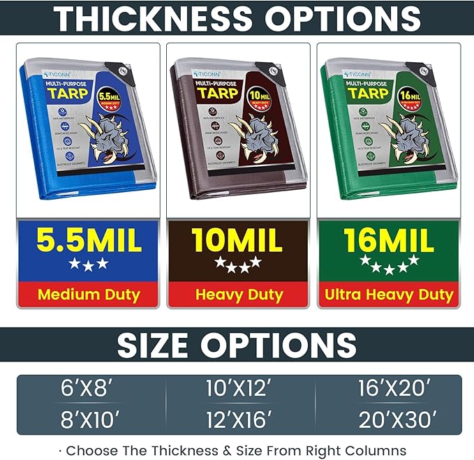 TICONN Heavy Duty Tarp Cover, Extra Thick Tarps Waterproof Tear and Rip Proof UV Resistant Tarpaulin with Reinforced Grommets and Edges (10 Mil, 8'x10')