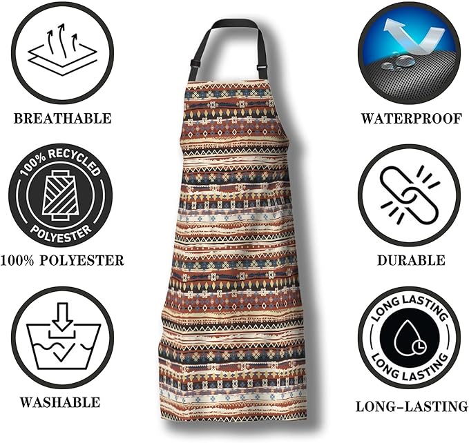 Garden Apron for Men Boho Style Ethnic Pattern Cooking Aprons for Women for Kitchen Cooking Restaurant BBQ Painting Crafting Gardening 27” (W) x 31” (H), Waterproof Aprons