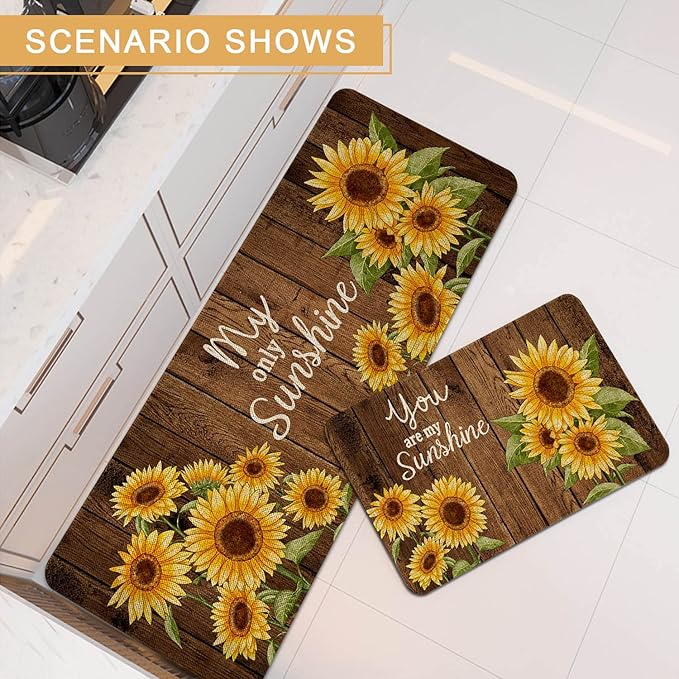 Roszwtit Farmhouse Kitchen Rugs and Mats Set of 2, Sunflower Kitchen Mat, Seasonal Spring Summer Cooking Sets Low-Profile Non-Slip Floor Mats for Home Kitchen Decor - 17x29 and 17x47 Inch
