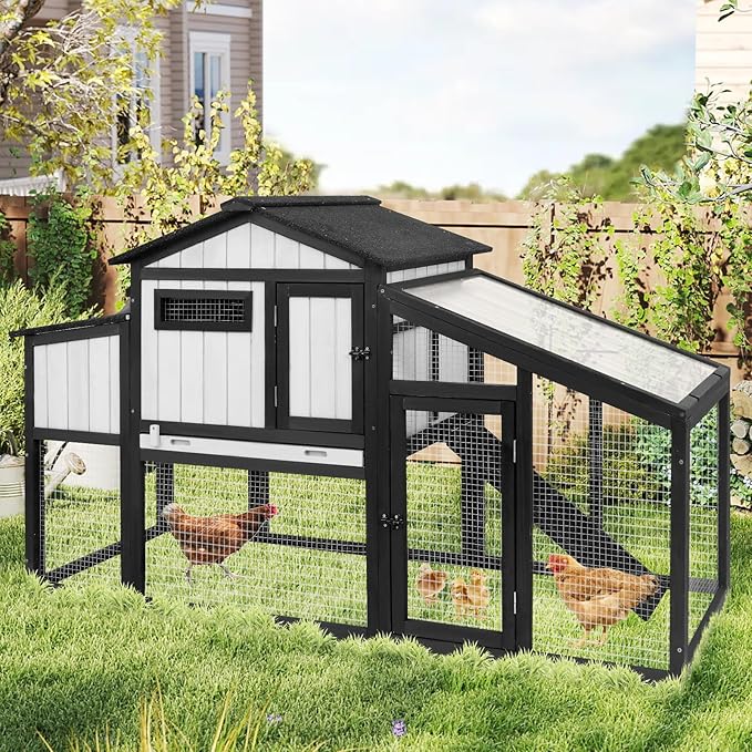 130.6" L Large Chicken Coop and Run, Wooden Hen House for 2-4 Chickens, 2 Story Poultry Cage with Nesting Box, Pull-Out Tray, 4 Perches, Ramp, Indoor/Outdoor Pet Hutch Backyard Use, Black