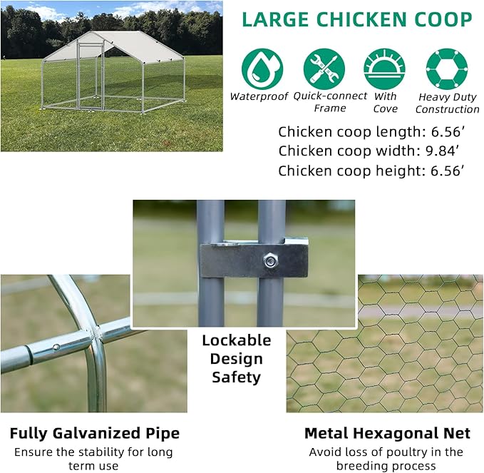 VIVIJASON Large Metal Chicken Coop Outdoor Walk-in Poultry Cage Hen Run House Rabbits Habitat Cages Spire Shaped Coop with Waterproof and Anti-UV Cover for Yard Farm (6.56' L x 9.84' W x 6.56' H)