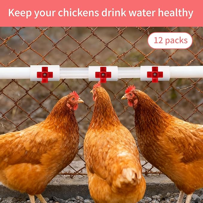 12 Pack Horizontal Chicken Waterer Nipples with 1/2'' PVC Tee Fittings, DIY Automatic Chicken Watering System for Chickens, Ducks, Quail, Geese and Other Poultry