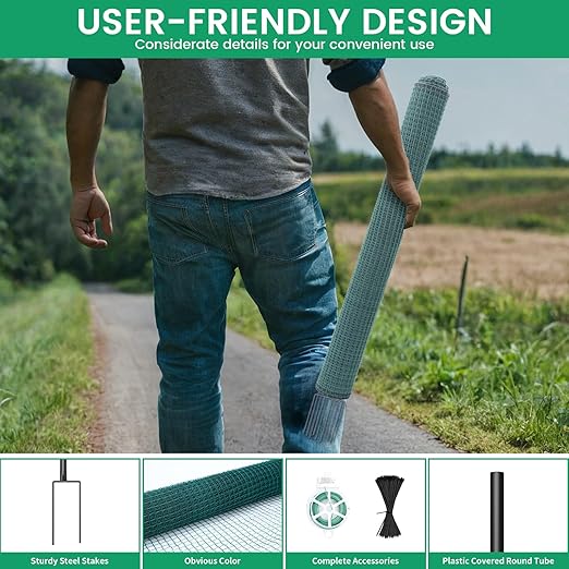 Non Electric Fence Netting 40" x164', Boundary Fence with Double Spiked Posts, Portable Poultry Fence All-Purpose Fencing for Dogs, Chickens, Ducks, Turkeys Suitable in Backyard, Garden, Farm