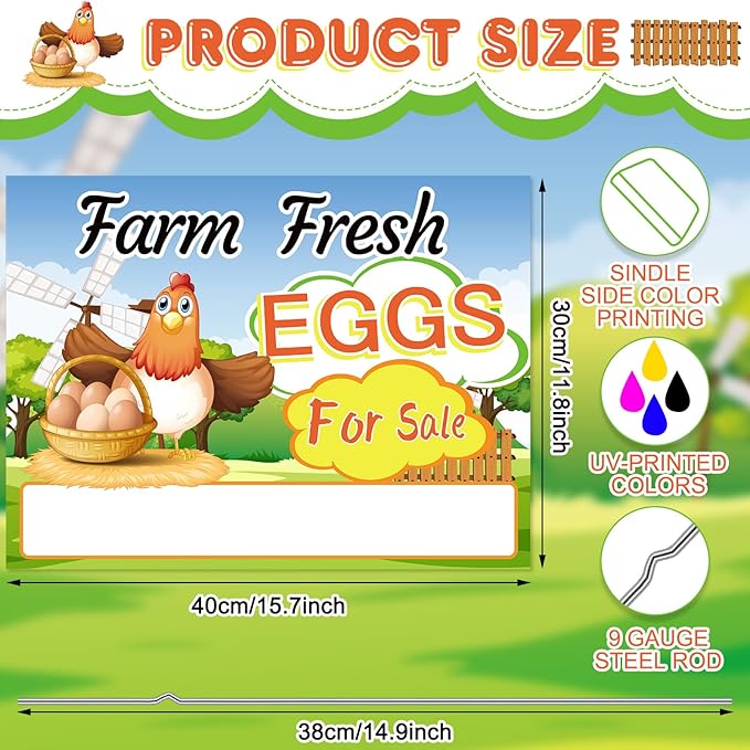 Hicarer 3 Pcs Farm Fresh Eggs for Sale Sign 12 x 16 Inch Large Fresh Chicken Eggs for Sale Yard with 6 Stakes Weatherproof Corrugated Plastic Farm Sign Outdoor Home Decor
