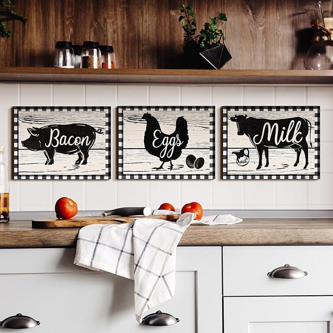 Jetec 3 Pieces Farmhouse Kitchen Decor Wooden Pig Cow Chicken Signs Rustic Buffalo Plaid Wall Art Farm Animal Plaque for Kitchen Home Wall Decorations, 13.8 x 10.3 Inch