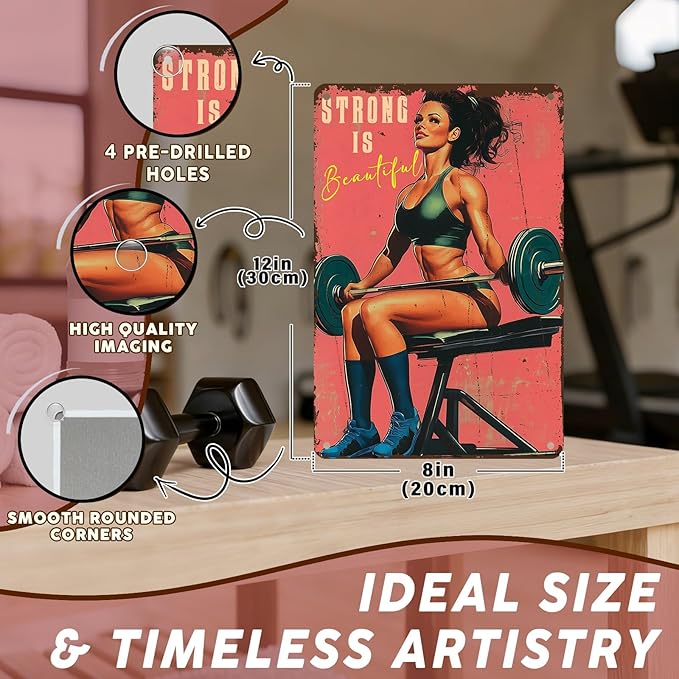 PEACHGARDEN Gym Decor Gym Girl Metal Signs Strong Is Beautiful Poster Girl Fitness Wall Art Decor Metal Tin Sign for Fitness Studio Workout Room Garage Kitchen 8x12inch