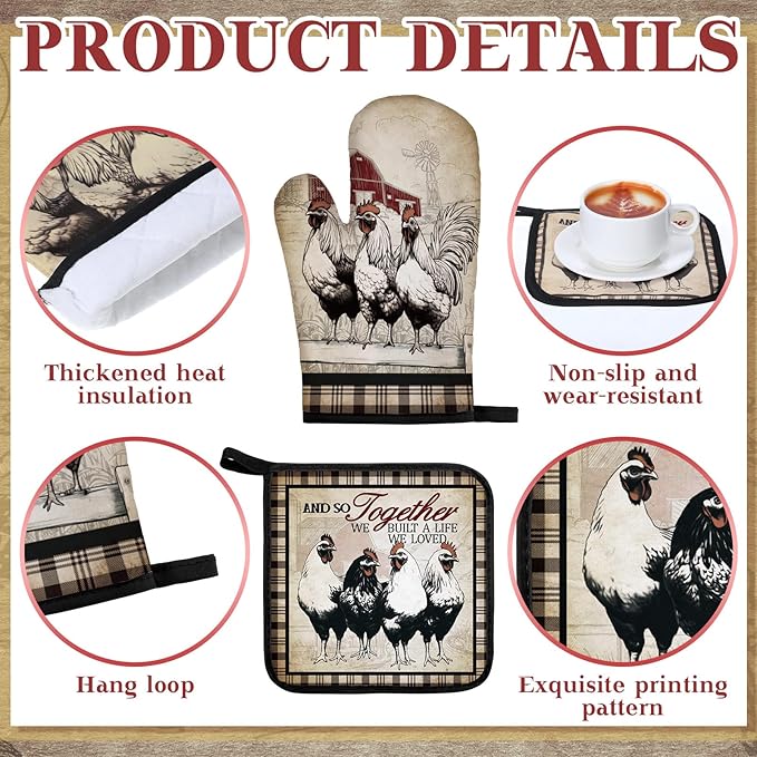 10 Pcs Barn Chicken Kitchen Dish Towels Rugs Oven Mitts and Pot Holders Set Farmhouse Kitchen Decor Set for Women Mom Daughter Gift Cooking Baking Grilling (Retro Color)