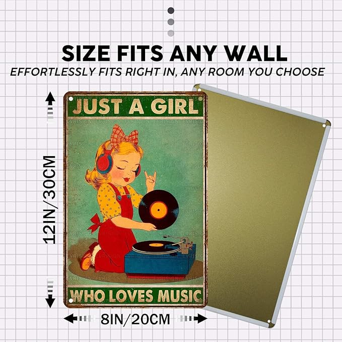 Vintage Music Tin Sign Just A Girl Who Loves Music Retro Girl Metal Poster Nostalgic Wall Decor Wall Art For Home Cafe Bar Living Room Bedroom Pub Club 12 * 8In