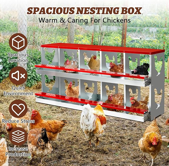 Chicken Nesting Box,Heavy Duty Metal Nest Boxes,10 Hole Roll Away Nesting Boxes,with Large Vented Holes,Wall-Mountable Chicken Coop Nesting Boxes,for Chickens,Ducks,Large Egg Boxes (Red 10 Hole)