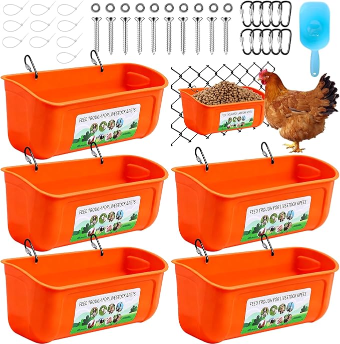 5 Pack Chicken Feeder, Duck Feeder Supplies, Hanging Fence Feed Trough with Clips for Goat, Sheeple, Piglet, Gooses, Turkeys, Dog Livestock Poultry, 8 Quarts in Total, Feed Scoop Included, Orange