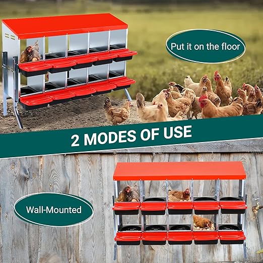 Garvee Chicken Nesting Boxes, 10 Hole Metal Chicken Laying Box with Removable Trays and Roll Out Egg Collection for Chicken Coop, with Metal Legs, Red