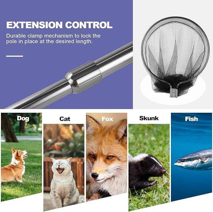 Animal Catcher Net, Dog Catching Net, Animal Catch Pole Tools for Poultry, Chicken, Feral Cat, Duck, Goose, Bird, Skunk, Bat, Fox, Raccoon, Guinea Fowl, Pigeon,Tuna and Small Animals
