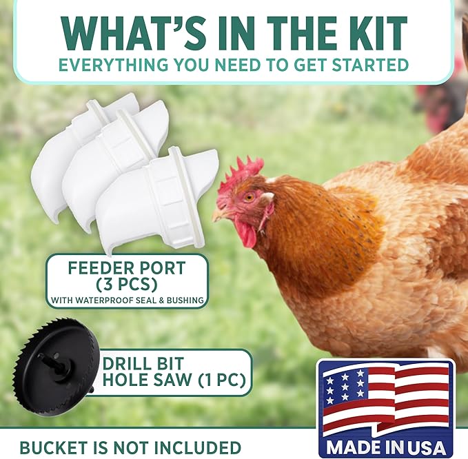 The Original Poultry Pro DIY Chicken Feeder | 3 Ports Poultry Feeders for Chicken Coop | Use for Buckets & Bins | Rain Proof, Weather Resistant - Original Feeder 3-Pack with Hole Saw