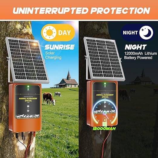 10-Mile Livestock Electric Fence, 24-Hour uninterrupted Discharge to Drive Away Wild Animals, 12W Solar Panel Fast Charging, Built-in Large-Capacity Battery, can Last for X Hours