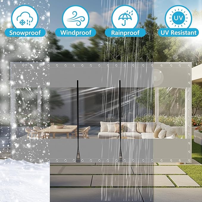 21.16 Oz Heavy Duty Porch Enclosure with Grommets, Grey 10'Wx10'H Clear Tarps Vinyl Patio Enclosure, Thick Clear Heavy-Duty Waterproof PVC Outdoor Curtains for Patio Greenhouse Chicken Coop Covers