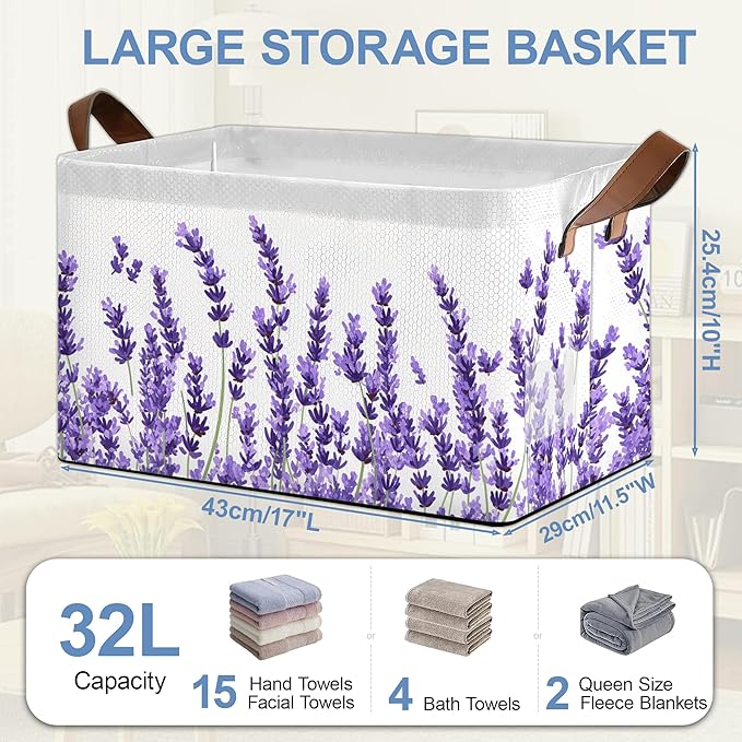 Lavender Storage Baskets,Foldable Organizer Bin with Handles for Home Living Room Bedroom Closet Box 17x11.5x10Inch