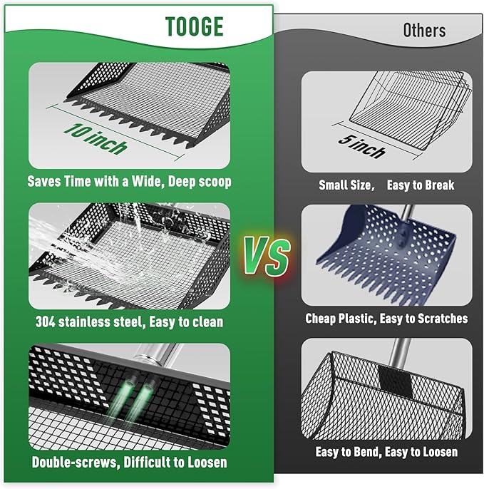 TOOGE Upgraded Chicken Poop Scooper: 10" Metal Pooper Scooper & Rake 4-Section 62" Long Handle Chicken Coop Scoop Scoopers Accessories Large Sand Sifting Litter Shovel for Goats/Yard/Farm/Beach Black
