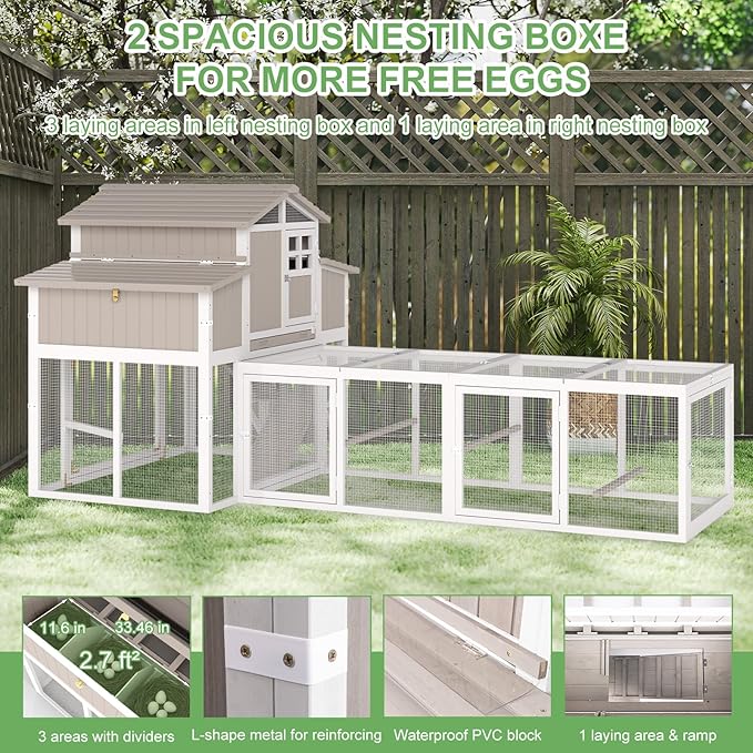 115.36"L 2-Story Chicken Coop with Extra Large Run Cage,Chicken House Hen House with 2 Large Nesting Boxes,Expandable Poultry Cage for 4-6 Hens with 6 Perching Bars,Pull-out Tray,Ramps(Grey)
