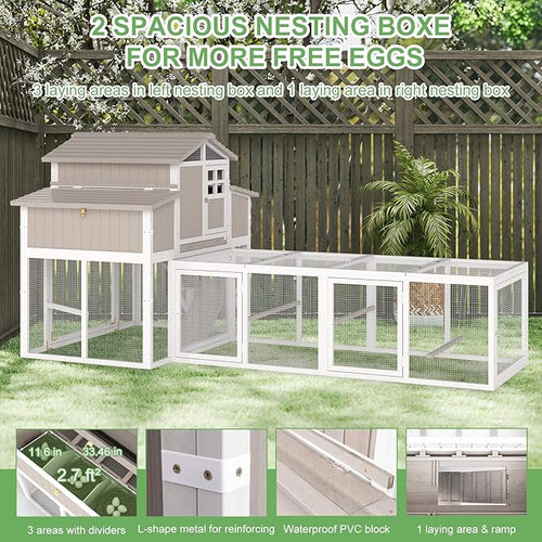 115.36"L 2-Story Chicken Coop with Extra Large Run Cage,Chicken House Hen House with 2 Large Nesting Boxes,Expandable Poultry Cage for 4-6 Hens with 6 Perching Bars,Pull-out Tray,Ramps(Grey)