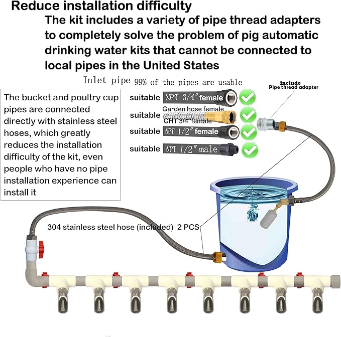 Complete Set Pipeline Stainless Steel Pig Waterer System,Pig Waterer Nipples with Water Tank Connector,Automatic Pig Nipple Water Drinker,Pig Nozzle Nipple Drinker,Pig Water Nipple for Hog Piglet Goat