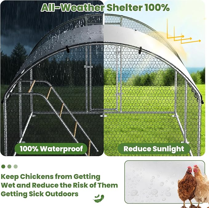 Large Metal Chicken Coop with Roosting Perch, Waterproof and UV-Resistant Cover, Outdoor Walk-in Cage Hen House for Yard Farm Rabbit Duck Chicken Run Dome Roof (10’ W x 13.2’ L x 6.4’ H)