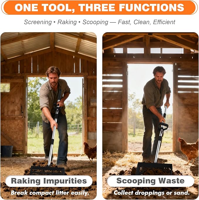 12 Inch Chicken Poop Scooper & Rake, 2-in-1 Stainless Steel Chicken Coop Scoop with Adjustable Handle, Litter Sifting Shovel Cleaning Tools for Chicken Coops, Yard Cleaning, Black[2026 Upgraded]