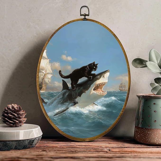 zewepri Cat Biting Shark Painting – 8.6×11.4 inches, high-density canvas, funny wall art, with pre-installed hook for easy hanging, ideal for bedroom, living room, study, and a gift for art lovers.