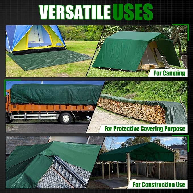 Sunvigor Tarp Waterproof 10x12Ft, Extra Thick 14 Mil Heavy Duty Tarp Cover, Tear & Fade Resistant, Outdoor Tarps with Brass Grommets and Reinforced Edges for Roof, Camping, Patio, Boat (Green)