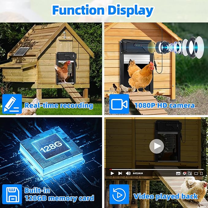 Sararoom Automatic Chicken Coop Door Solar Powered with HD Camera, 5000mAh Chicken Coop Door with Remote Control, WiFi Enabled, APP-Based Monitoring, Timer, Anti-Trap Sensor and Alarm Drive