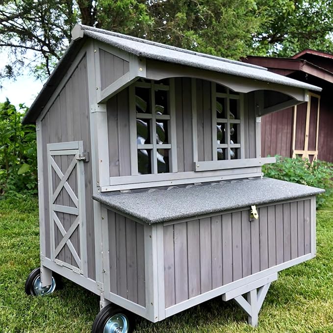 GUTINNEEN Chicken Coop with Wheels Mobile Chicken House Outdoor Hen Coop with Large Nesting Box, Movable