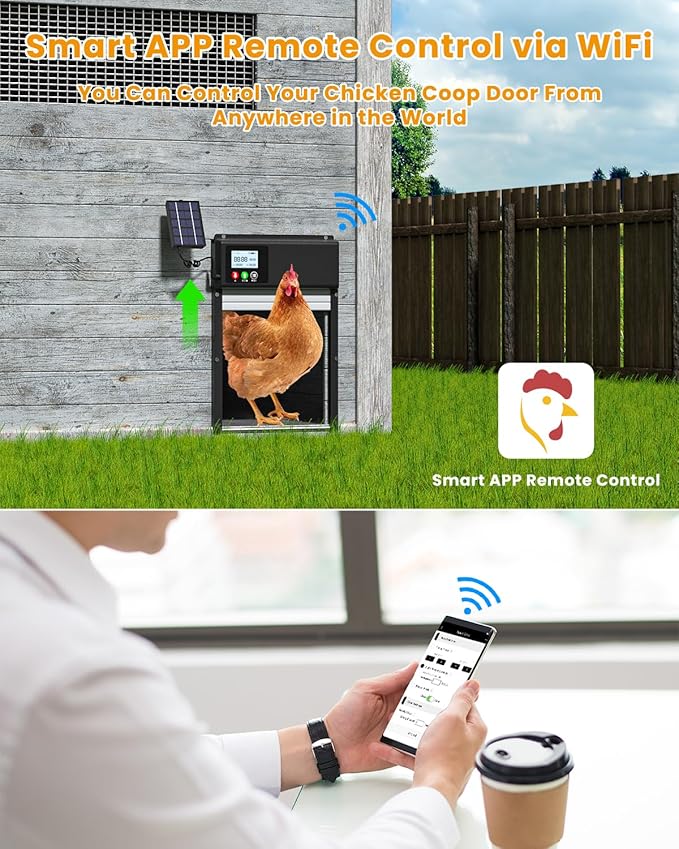 Automatic Chicken Coop Door with WiFi Remote Control, 2025 Upgraded 8000mAh Solar Powered Automatic Chicken Coop Opener with LCD Display & Timer & Light Sensor, with Anti-Pinch Design