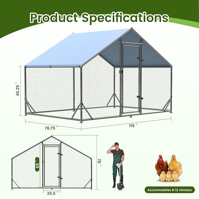 Outdoor Metal Chicken Coop Large Walk-in Poultry Cage Spire-Shaped Chicken Run with Waterproof and Anti-Ultraviolet Cover for Outside,Backyard and Farm,6.5' L x 9.8' W x 6.4' H