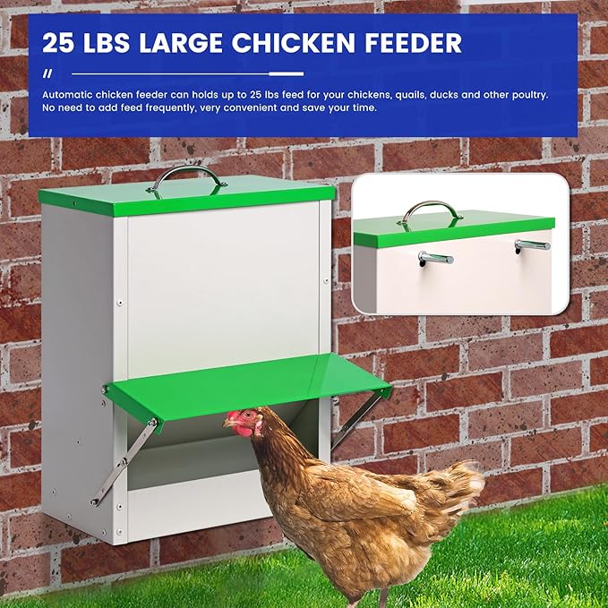 25lb Automatic Chicken Feeders Metal Poultry Feeder no Waste Large Chicken Coop Feeders with Lid Hanging Chicken Feeder Trough for Quail Chickens Ducks Feeder Outside Waterproof Chicken Feeder