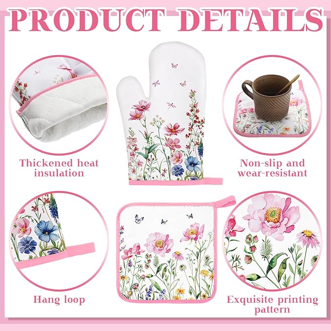 10 Pcs Wildflower Kitchen Dish Towels Rugs Oven Mitts and Pot Holders Set Farmhouse Kitchen Decor Set for Women Mom Daughter Gift Cooking Baking Grilling (Pastel Pink White)