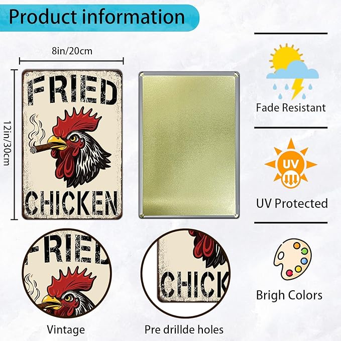 Fried Chicken Metal Signs Farm Chicken Cock Hen Tin Sign Rooster Wall Decor Bar Pub Home Garage Restaurant Garden Yard Decor12x8 Inch