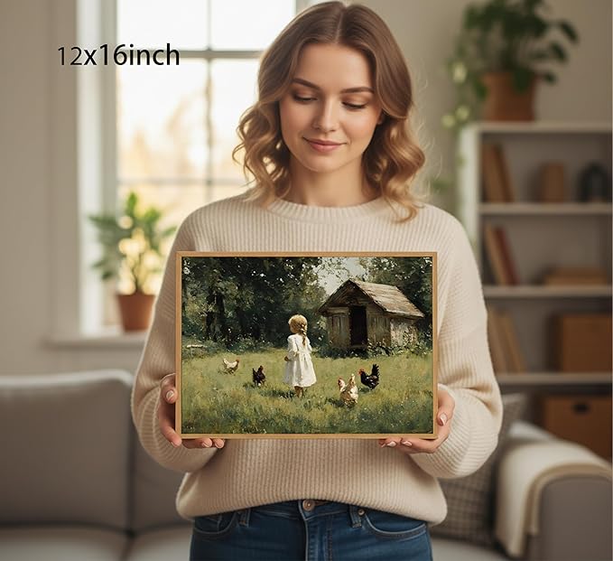 Framed Farm Girl Wall Art Vintage Farmhouse Kitchen Canvas Prints Rural Chicken Picture Artwork French Country Painting Wall Decor for Bedroom Living Room 12x16in