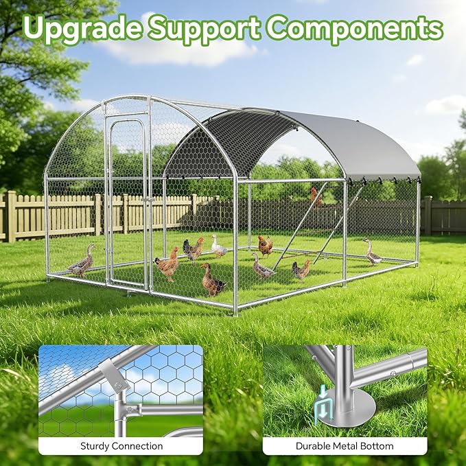 Large Metal Chicken Coop with Roosting Perch, Waterproof and UV-Resistant Cover, Outdoor Walk-in Cage Hen House for Yard Farm Rabbit Duck Chicken Run Dome Roof (10’ W x 13.2’ L x 6.4’ H)