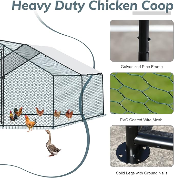 VINGLI Large Metal Chicken Coop, 13.1x9.8x6.5 ft Poultry Cage for Chicken Run, Walk-in Chicken Pen with Waterproof & Anti-UV Cover for Yard Outdoor (Black-Spire Roof)