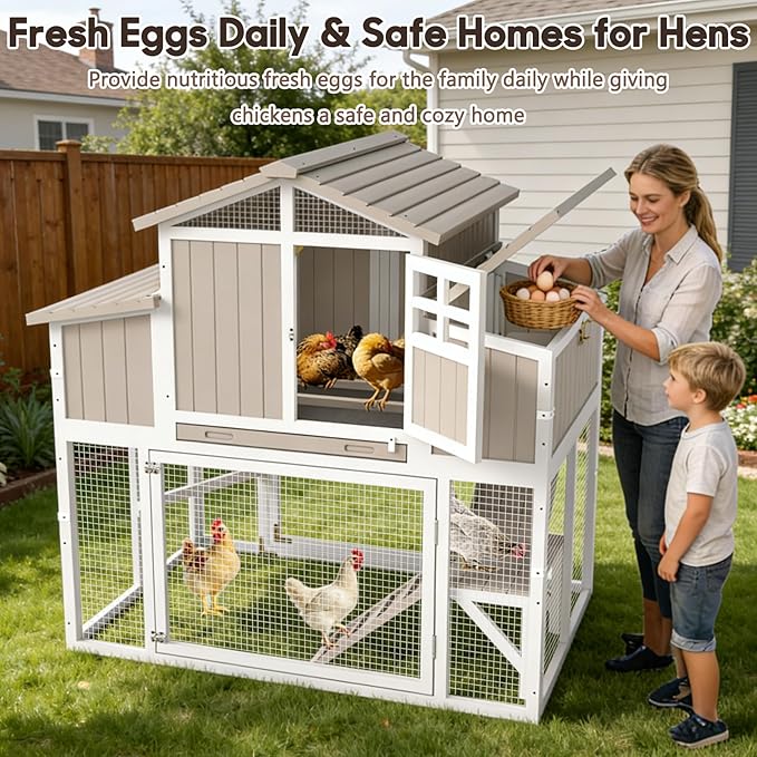 Large Wooden Chicken Coop for 2-6 Chickens, Outdoor Chicken House with 4 Nest Boxes, Hen House Poultry House Pet Hutch Chicken Cage with Waterproof Asphalt Roof, Ramp, Roosting Bars