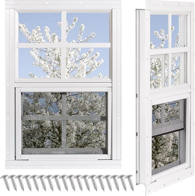 Shed Windows 2 Pack, Chicken Coop Windows 24" x 27" with Tempered Glass and Fiberglass Screen, Flush Mounted Small Window for Shed, Barns, Playhouse, Household, Garage (White)