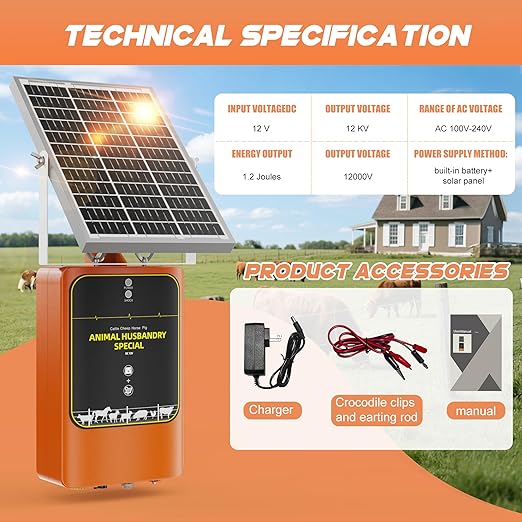 10-Mile Livestock Electric Fence, 24-Hour uninterrupted Discharge to Drive Away Wild Animals, 12W Solar Panel Fast Charging, Built-in Large-Capacity Battery, can Last for X Hours
