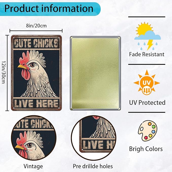 Chicken Metal Signs Cute Chicks Live Here Iron Sign Chicken For Coop Funny Outdoor Sign Garden Backyard Patio Wall Art Decor 12x8 Inch