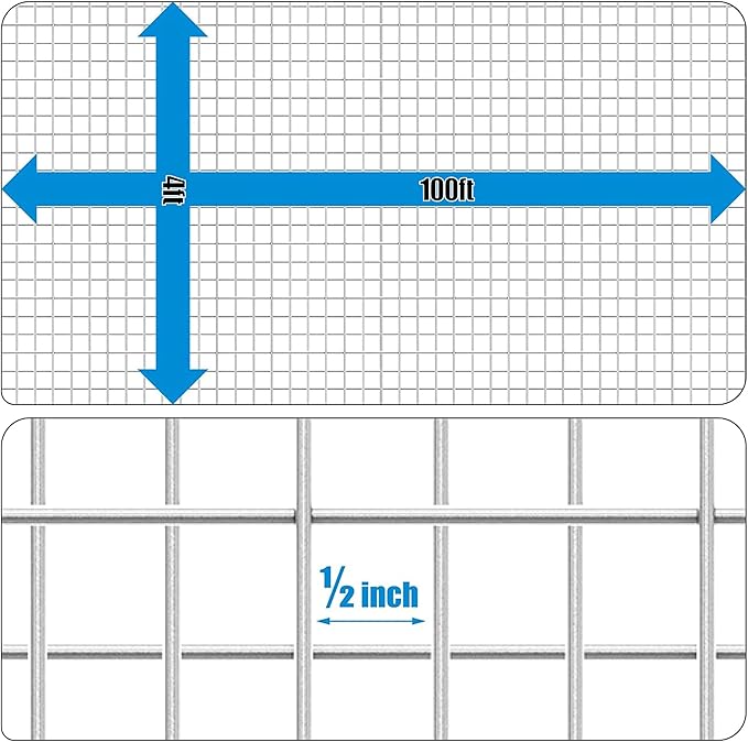 Fencer Wire 19 Gauge Hardware Cloth Metal Wire Mesh 1/2" x 1/2", Galvanized Welded Cage Wire Poultry Netting Square Chicken Snake Fencing Gopher Fence (4 ft. x 100 ft.)