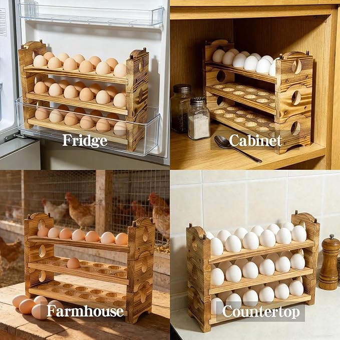Egg Holder Countertop Farmhouse Decor - Wooden Fresh Eggs Storage for Counter - Pine Wood Egg Organizer Tray Racks