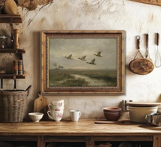Vintage Gold Framed Flying Duck Wall Art Mallard Duck Canvas Wall Decor Rustic Mallard Poster Artwork Retro Rustic Farmhouse Animal Picture for Home Living Bedroom Farmhouse Hallway 12x16in