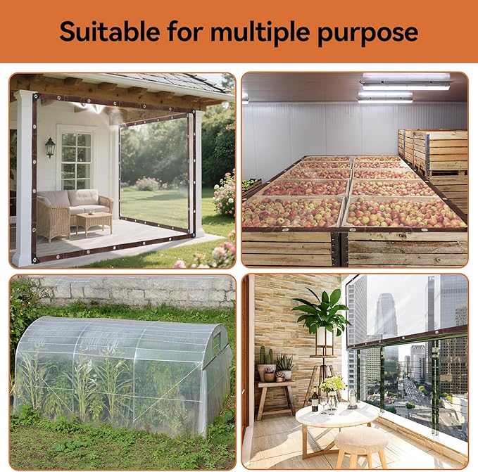 Klmnop Heavy Duty Waterproof 8x10FT Clear Vinyl Tarp with Grommets and Bungee Cords - Transparent Plastic Tarpaulin Cover for Greenhouse, Garden, Chicken Coop, Patio Enclosure